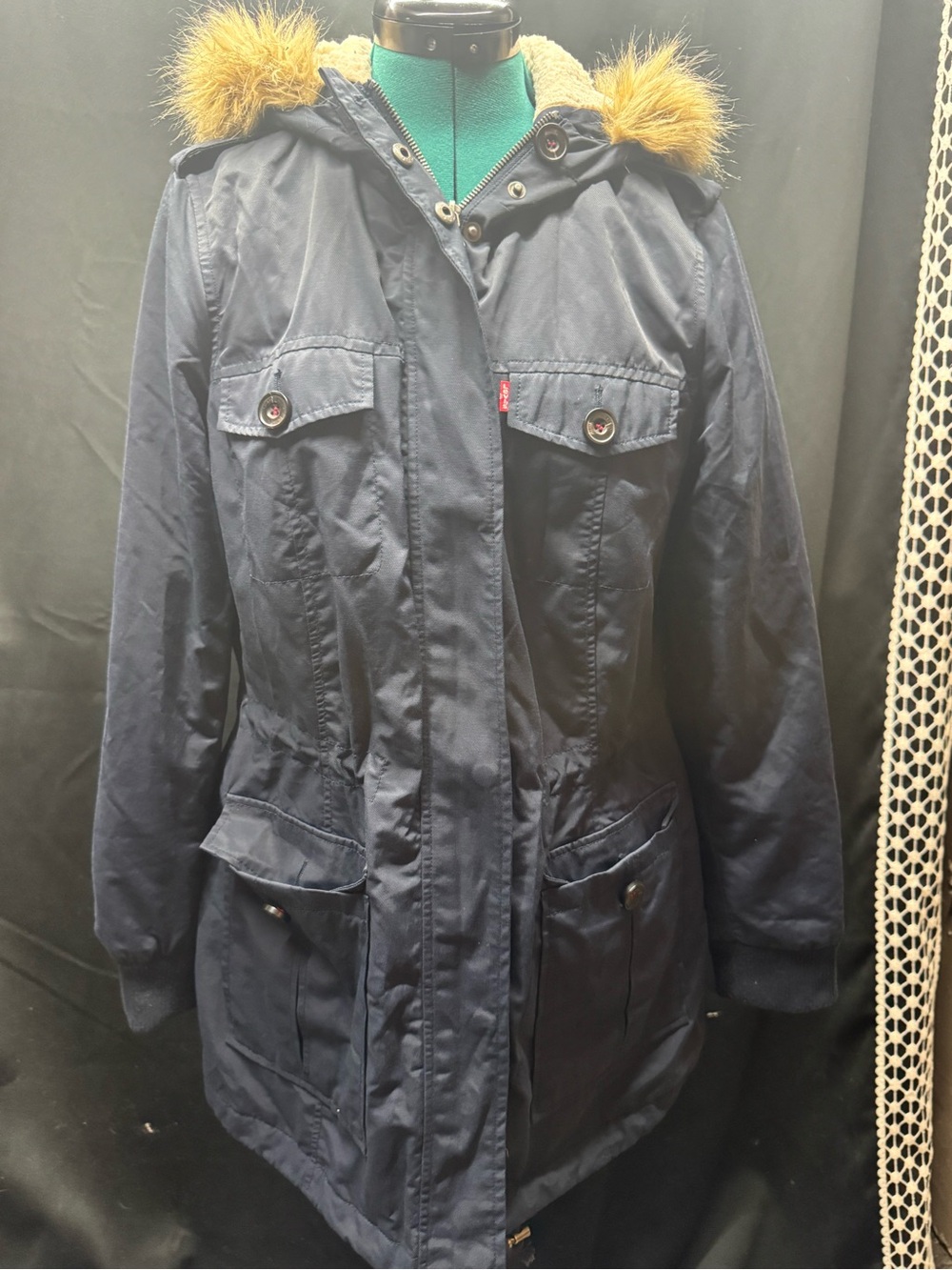 Levi's Navy Parka with Faux-Fur Trimmed Hood